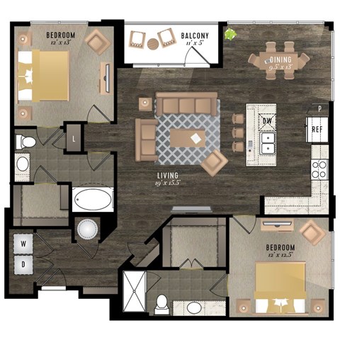 A floor plan of an apartment with two bedrooms, a living room, a dining room, a balcony, and a kitchen.